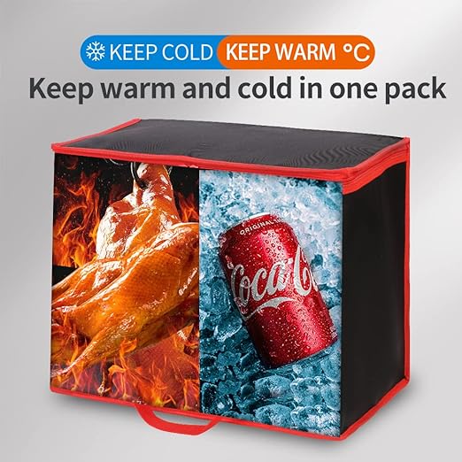 Bodaon 1-Pack Insulated Reusable Grocery Shopping Bags, X-Large Picnic Cooler Bag with Top Cold, Insulated Food/Pizza Delivery Bag (Black-Red Edge)