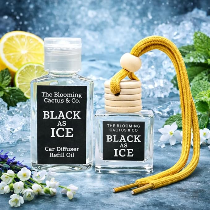 Car Air Freshener with 1 Oz Refill included | Car scented on the go | Car Air Freshener | Long Lasting Hanging Fragrance | Phthalate Free Fragrance (Black As Ice (Type), 10 ml)