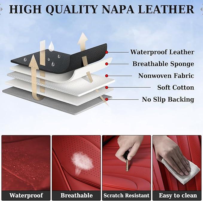 Coverado Seat Covers Full Set, Red Seat Covers for Cars, Front and Rear Seat Covers Waterproof Seat Cover, Leather Car Seat Protector, Universal Car Seat Cushion Fit for Most Sedan, SUV, Truck, Red