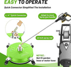 14" Pressure Washer Surface Cleaner with 4 Wheels - Coated Green Stainless Steel Surface Cleaner for Pressure Washer Attachment for Concrete, Patio, Sidewalk, Deck and Driveways - PWS14G
