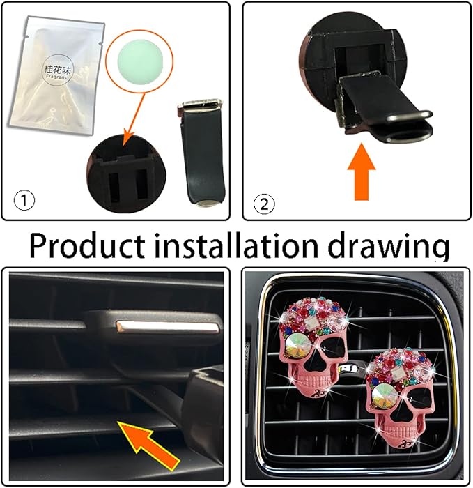 Pink Skull Air Vent Clips, 2 Pcs Bling Skeleton Car Air Fresheners Vents Clips Funny Car Diffuser Diamond Car Interior Decor Cute Car Accessories Car Decoration for Women +Sunflower Mask Hook