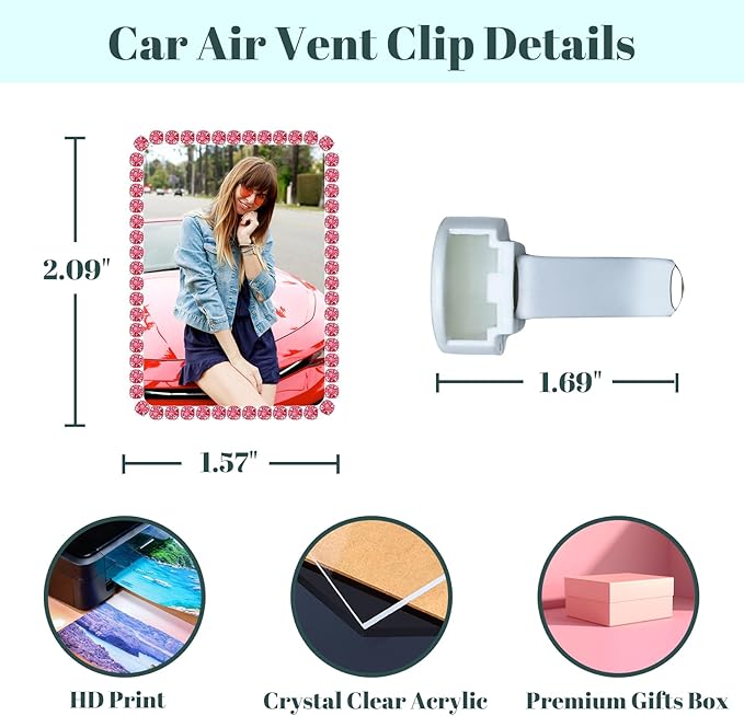 Custom Rhinestone Car Vent Clip Air Freshener with Photo – Personalized Acrylic Picture Frame for Car Interior Decoration Accessories, Rectangular Shape (Red, One Size)