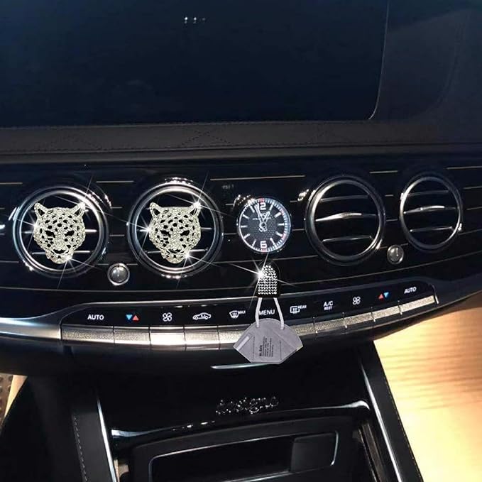 2 Pcs Silver Bling Leopard Air Vent Clips, Crystal Car Air Fresheners Vent Clips Diffuser Vent Clip Rhinestone Leopard Decoration Car Interior Decor Bling Accessories, Automotive Air Fresheners