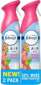 Febreze Air Mist, Air Freshener Spray, Odor Fighting Room Spray, Deodorizer for Home Bathroom Kitchen Office Apartment Dorm Room Classroom, Gain Island Fresh Scent, 8.1oz (Pack of 2)