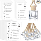 Boao 50 Sets Hanging Car Air Freshener Diffuser Bottles with 2 x 3.54 Inch Car Diffuser Instructions Cards for Empty Essential Oil Bottles(White Card,Flat Square)