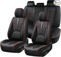 Universal Car Seat Covers, Black with Red Trim, Premium Nappa Leather, with Lumbar Support, Waterproof, Full Set, Non-Slip, Contoured Fit, Airbag Compatible, Fits Suvs, Sedans, Pickup Trucks