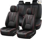 Universal Car Seat Covers, Black with Red Trim, Premium Nappa Leather, with Lumbar Support, Waterproof, Full Set, Non-Slip, Contoured Fit, Airbag Compatible, Fits Suvs, Sedans, Pickup Trucks