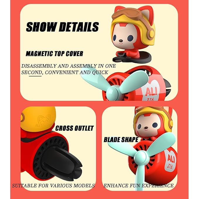 Car fragrance diffuser pilot car air outlet fragrance diffuser cartoon rotating fan leaf car perfume cute cartoon shape car perfume air freshener with 2 fragrances (fox) 1.0 Count