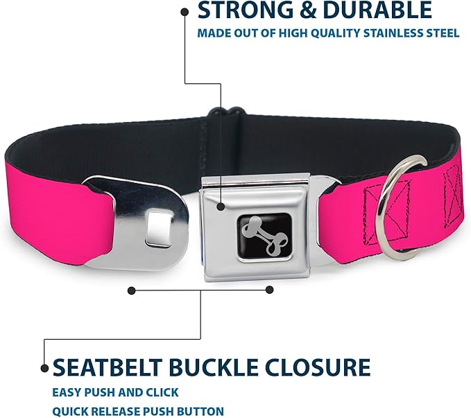 Dog Collar Seatbelt Buckle Hot Pink 15 to 26 Inches 1.0 Inch Wide, Multicolor