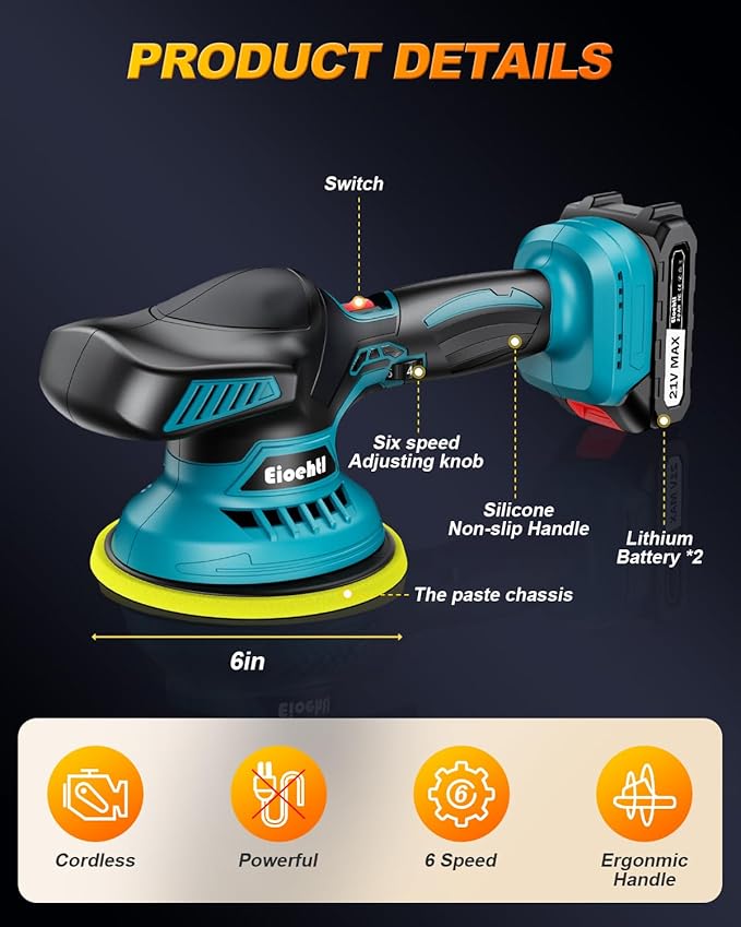 Cordless Car Buffer Polisher Kit, 6" Dual Action Random Orbital Polisher, 6 Variable Speed (1600–5500 RPM) 2×21V 2000mAh Rechargeable Batteries, 13 PCS Polishing & Waxing Attachments for Car Detailing
