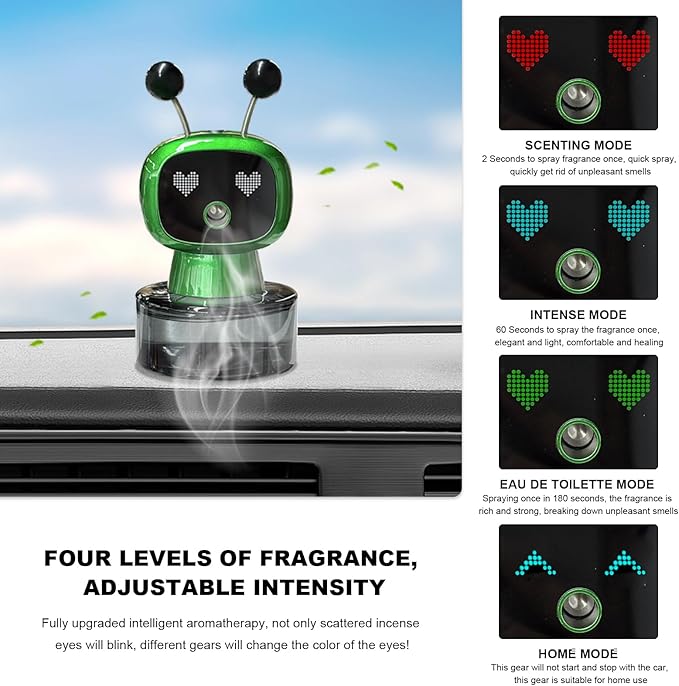 Smart Cute Robot Car Air Freshener, Fine Spray Car Aromatherapy Machine with Four-Gear Adjustment, Auto On/Off Mini Robot Fillable Essential Oil Diffuser for Vehicle Home Office (Flower)