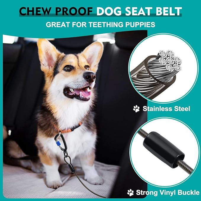 Chew Proof Dog Seat Belt for Car, 32 inch Black Dog Car Harness with Latch Bar Attachment and Aviation Aluminum Carabiner Up to 1000 lbs, Secure Dog Seatbelt Leash 1 Pack
