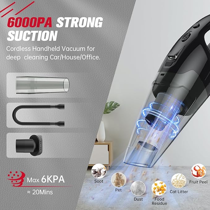 Handheld Vacuum Cordless Rechargeable 3-in-1, Car Vacuum Portable Cordless with USB Charge, Handheld Vacuum with LED Light, HEPA Filter, 1.65LBs Lightweight Vacuum Cleaner for Dust, Pet Hair