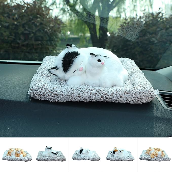 Walbest Cute Sleeping Cat Car Bamboo Charcoal Air Purifying Bags - Fluff Kitten Ornament Charcoal Bags Odor Absorber for Car Dashboard Decorations White
