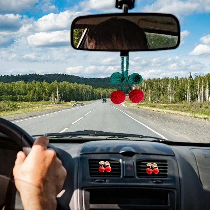 Rhinestone Cherry Air Vent Freshener Clips & Crochet Rear View Mirror Hanging Ornament,Car Decor Set, for Women Girls, for Cars, SUV, Trucks