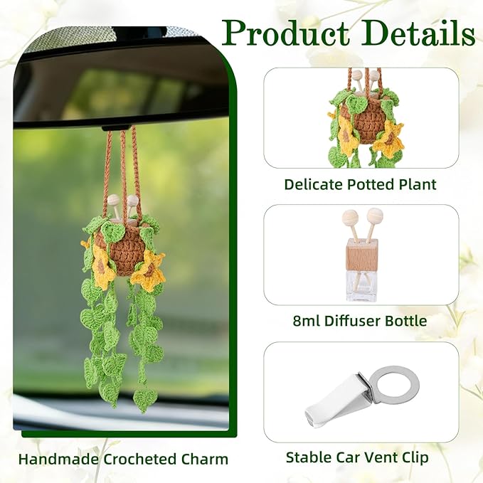 Crochet Car Air Freshener, Sunflower Car Rearview Mirror Diffuser with 8ml Refillable Essential Oil Bottle, Adjustable Strap Hanging Clamp, Crochet Hanging Plant for Car Home Office Decor