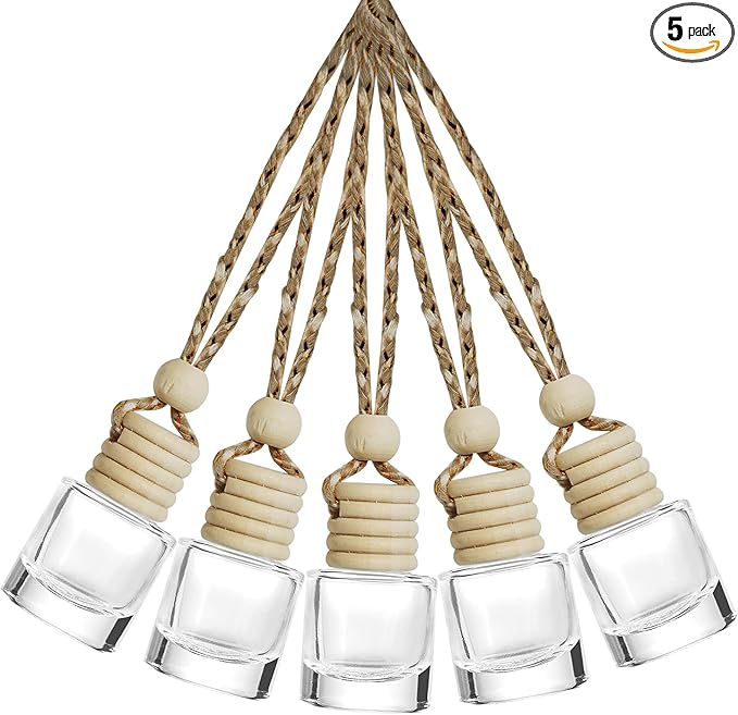 ESEWALAS 5PCs Hanging Car Air Freshener, Empty Glass Perfume Bottlespendant Bottle, Air Freshener Pendant