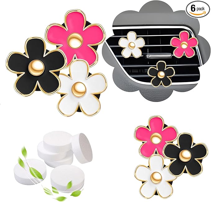 NBTEPEM 6 PCS Daisy Flower Air Vent Clip Car Decoration Accessories Air Conditioning Outlet Clip Car Air Freshener Clip Charm Car Interior Decor(3 cm, 3.3 cm, White, Red, Black)