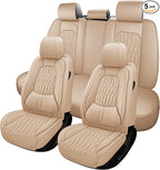 WELLDO Car Seat Covers Full Set, Leather Seat Covers for Car, Waterproof Car Seat Protector with Lumbar Support, Automotive Seat Covers Universal Fit for Most Cars SUV Truck, Beige-White