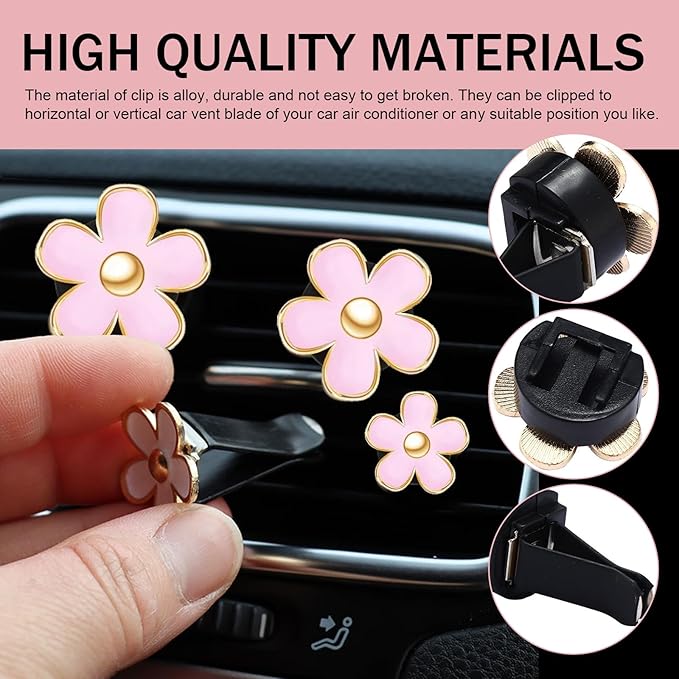6PCS Daisy Flower Air Vent Clip, Cute Car Air Fresheners Clips, Refillable Auto Air Conditioning Outlet Clips Diffuser, Air Vents Decorations for Women and Girl (Black, White, Pink)