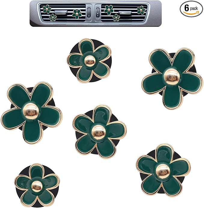6pcs Green Daisy Flower Car Air Freshener Vent Clips,3 Sizes Sparkle Dark Green Flowers Car Vent Clips,Women Girly Car Air Freshener,Cute Flowers Car Accessories,Refillable Car Diffuser