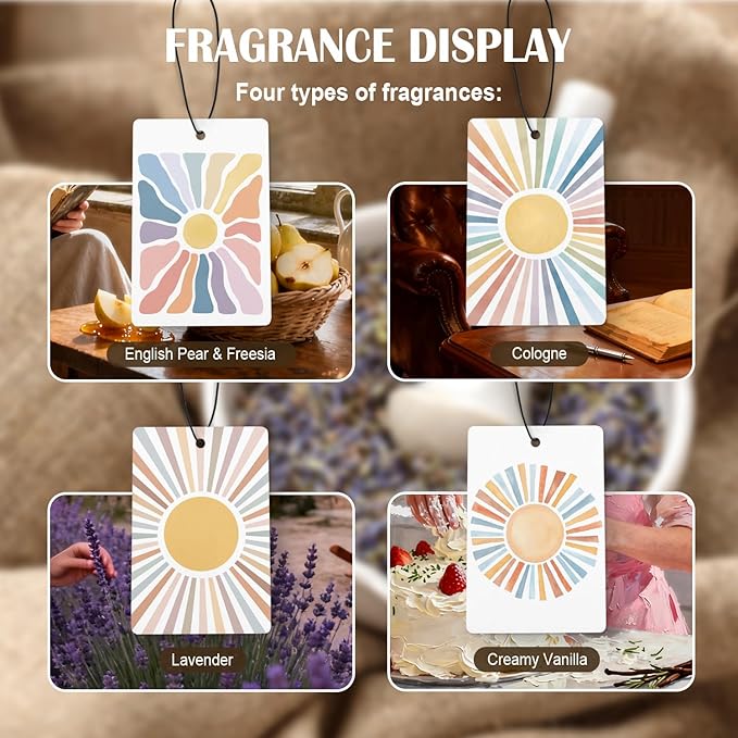Boho Colorful Sun Car Air Freshener 4 Pcs, Watercolor 70s Retro Groovy Sunshine Hanging Air Freshener for Cars Closet Drawer Books, Cute Girly Car Accessories for Women Girls