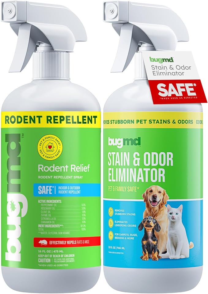 BugMD Rodent Relief Spray + BugMD Pet Odor & Stain Remover – Natural Rodent Repellent + Family & Pet Safe Enzyme Cleaner – Repel Mice, Rats & Eliminate Pet Stains & Odors