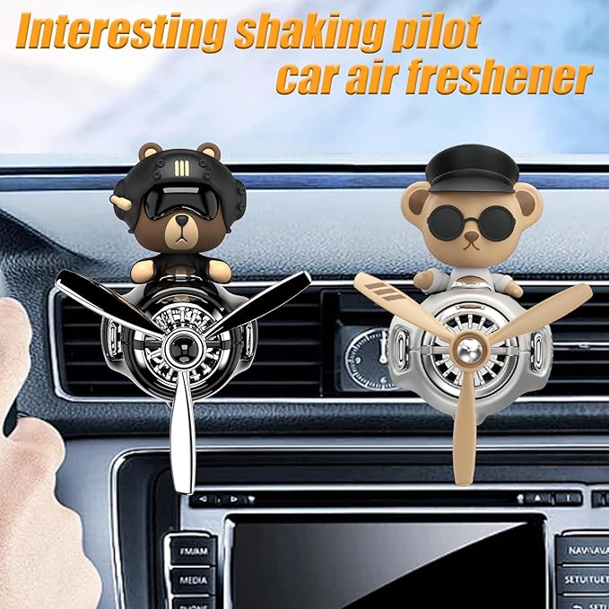 2Pcs Car Air Fresheners, Cute Bear Pilot Automotive Air Outlet Creative Car Perfume Diffuser, Automotive Accessories Air Vent Decoration with 8 Fragrant Tablets (Black 1+Silver 1)