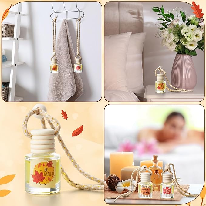 Boao 15 Pcs Thanksgiving Hanging Car Air Freshener Diffuser Bottles Empty Bulk Fall Perfume Glass Bottle Pendant Refillable with Maple Leaves Cards & Stickers for Essential Oil Fragrance Ornament