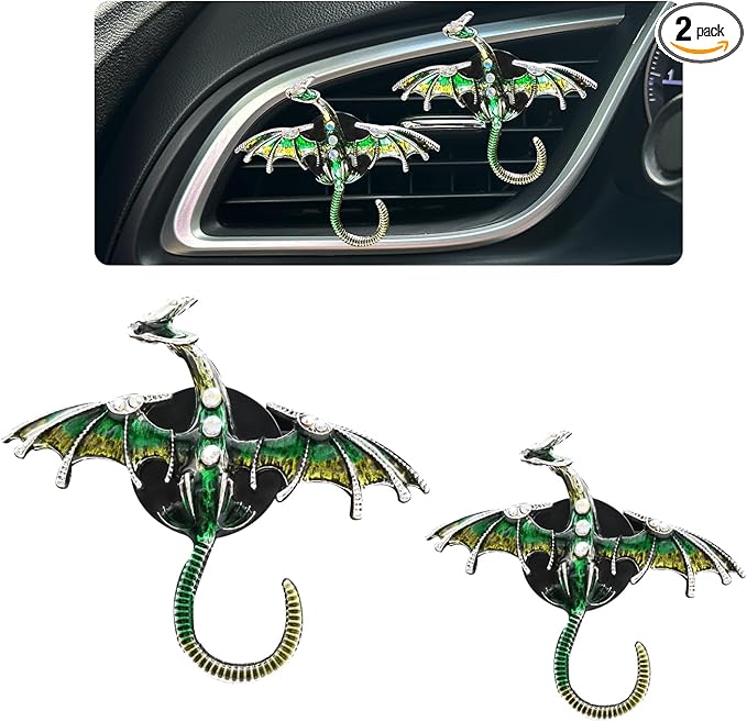 Dargon Air Vent Clips Car Air Freshener 2pcs Bling Green Dragon Car Accessories Enamel Fire Dragon Wyvern Vent Clips Refillable Essential Oil Outlet Diffuser Gothic Decor