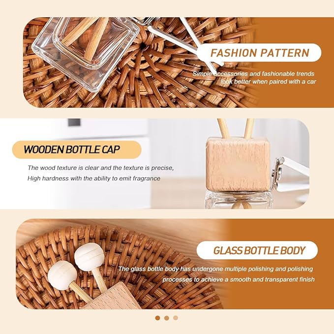 2 Pack Car Diffuser Air Freshener Bottles Refillable Empty Glass Essential Oil Diffuser with Vent Clip Wooden Sticks Universal Square Aromatherapy Diffuser for Vehicles Home