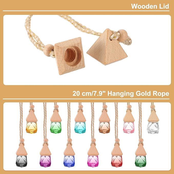 uxcell 4pcs Hanging Car Air Freshener Perfume Bottle, 8ml Pendant Empty Clear/Rose Red Glass Essential Oil Aromatherapy Diffuser with Wooden Cap for Car Decor (Clear/Rose Red, Rhombus)