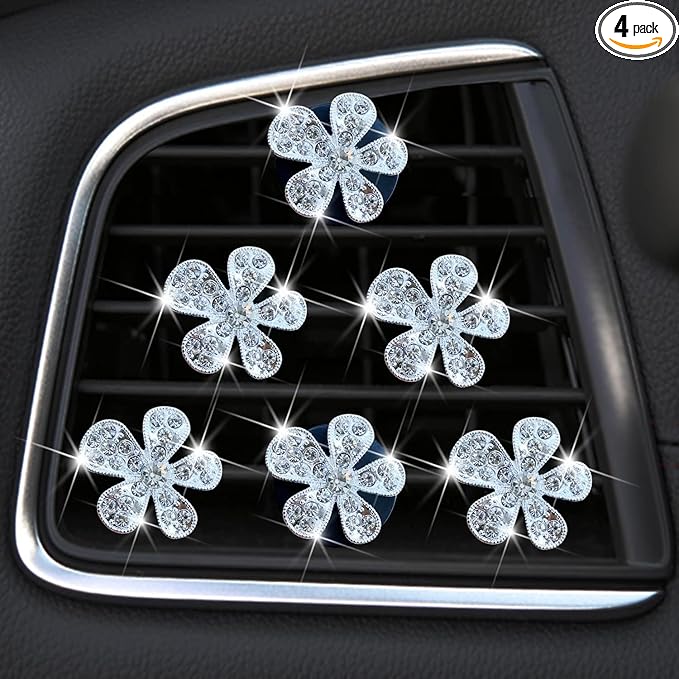 6 Pcs Black Daisy Air Vent Clips, Cute Flower Car Air Fresheners Vents Clips Diamond Vent Clip Car Interior Decor Charm Bling Accessories Decoration for Women (silvery, 2)