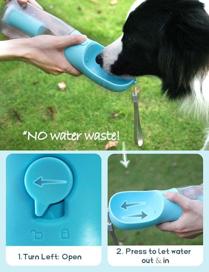 Portable Water Bottle for Small Dogs, 3 in 1 Pet Travel Bowl Dispenser with Food Treat Container & Poop Bag Holder, Summer Hiking Walking Accessories for Puppy On The Go - Blue, 10oz