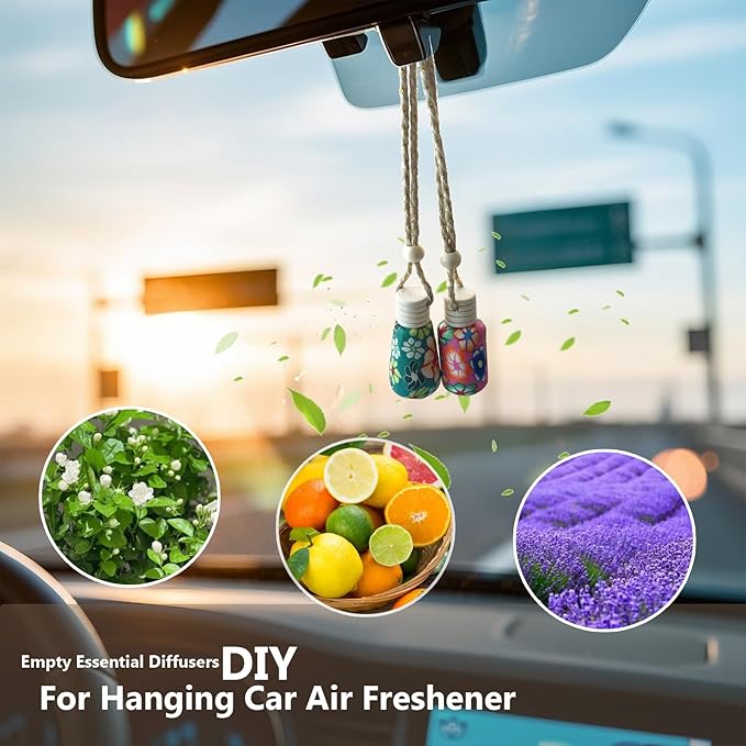 20Pcs 15ml Glass Car Diffuser Bottles Empty Bulk,Hanging Car Diffusers for Essential Oils,Refillable Car Air Freshener for Fragrance Perfume Aromatherapy with Flowers Women Home Decor,Color Random