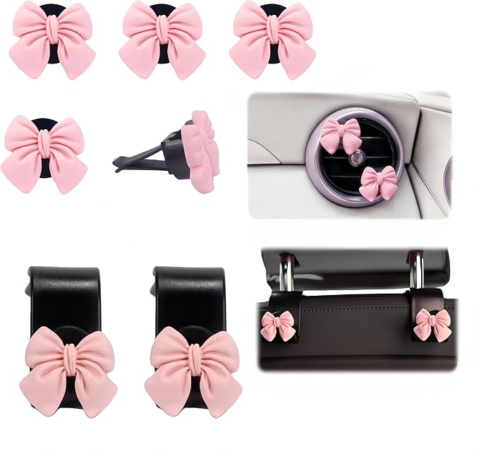 7Pcs Cute Pink Bow Car Air Freshener Vent Clips and Headrest Hooks Set for Women, Charm Car Interior Accessories for Truck Suv Dashboard Diffuse Home Office Vent Decoartion，Girly Gifts for Her