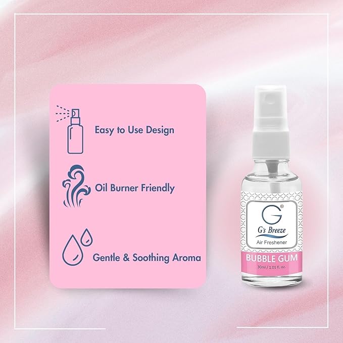 G's Breeze Bubble Gum Air Freshener - Fun, Playful, Candy Like Fragrance with Nostalgic Sweetness - Oil Burner Compatible - Revitalizing, Long-Lasting Cheerful Spray for Home, Office or Car
