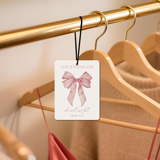 Pink Christian Car Air Freshener 4 Pcs, Girly Pink Bow Religious Hanging Air Freshener for Cars, Closet, Drawer, Books, Cute Christian Car Accessories Mirror Decor Gift for Women
