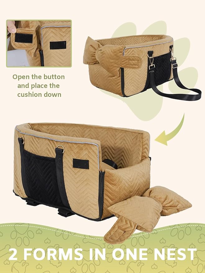 Small Dog Car Seat, Portable Dog Seat with Soft Washable Cushion,Center Console Dog Car Seat for Small Dogs Up to 13lbs(Brown)