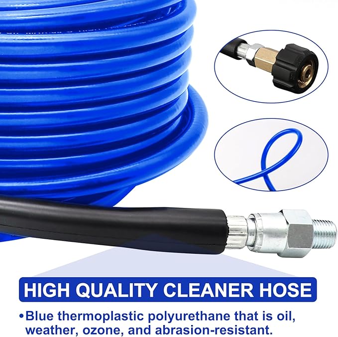 West Bay Sewer Jetter Kit 100 FT for Pressure Washer, 5800 PSI Drain Cleaner Hose 1/4 Inch NPT Corner Rotating and Button Nose Sewer Jetting Nozzle Spanner WatertightTape Pearl Corsage Pin(Blue)