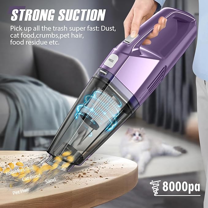 Handheld Vacuum Cordless – Car Vac Portable with 8KPA & Multi Accessories & Low Noise, Lightweight Hand Held Vacuum Cordless Rechargeable for Car/Home/Dust/Pet Hair, Mine Portable Vacuum