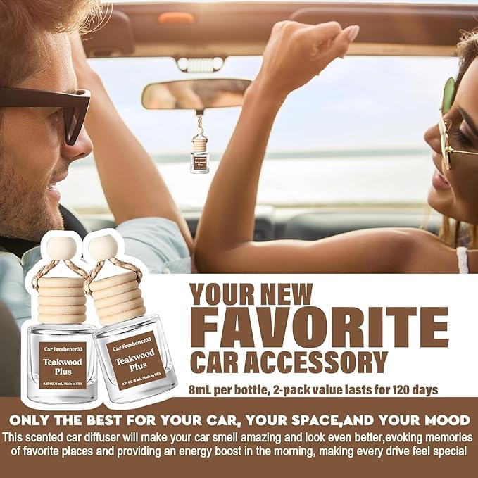 C Classy Car Air Freshener Hanging 2 Pack, Mahogany Teakwood Essential Oil Diffuser for Cars, Cute Glass Bottle Car Accessories for Women & Men Gift, Long-Lasting Fragrance, Made in USA