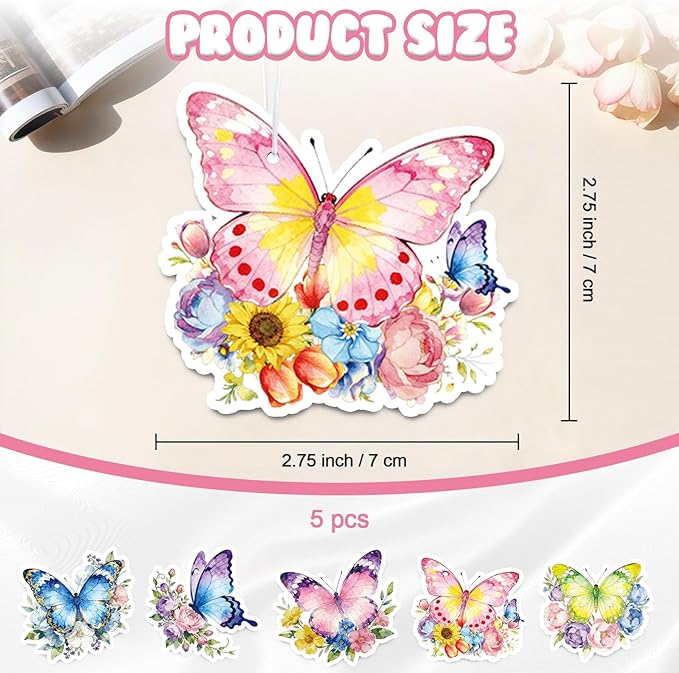 Butterfly Car Air Fresheners,5-Pack Floral Scents Cute Car Accessories,Funny Hanging Ornament Decor for Rearview Mirror,Long-Lasting Fresh Gifts for Women,Girls,Coworkers,Teacher & Nurse