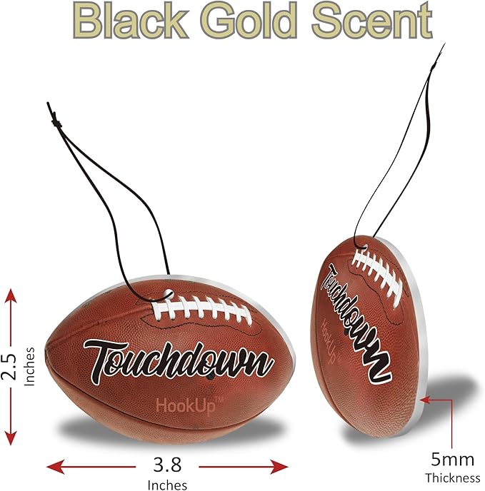 Football Car Air Freshener by HookUp - 10 Pack - Black Gold Scent (Extra Strong) | Unique Football Gift for Players, Coach, Fans | Hanging Car Accessory with Long Lasting Fresheners Smell