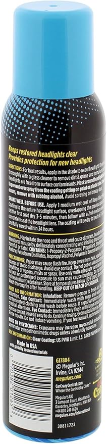 Meguiar's Keep Clear Headlight Coating, Maintain Like-New Clarity of Your Headlights with an Easy-to-Use Formula and UV Protection that Lasts All Year Long, 4 Ounce Aerosol