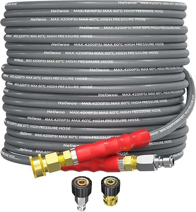 Pressure Washer Hose 50ft, 4200PSI Wire Braid Power Washer Extension Hose 1/4 Inch High Tensile, Flexible Kink Resistant Heavy Duty Replacement Hose with 3/8 Quick Connect