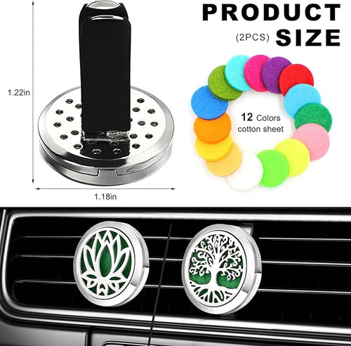2PCS 30mm Car Diffuser Vent Clips, Tree of Life Aromatherapy Essential Oil Diffuser Locket with 12 Felt Pads, Stainless Steel Car Diffuser Locket Air Freshener (Silver)
