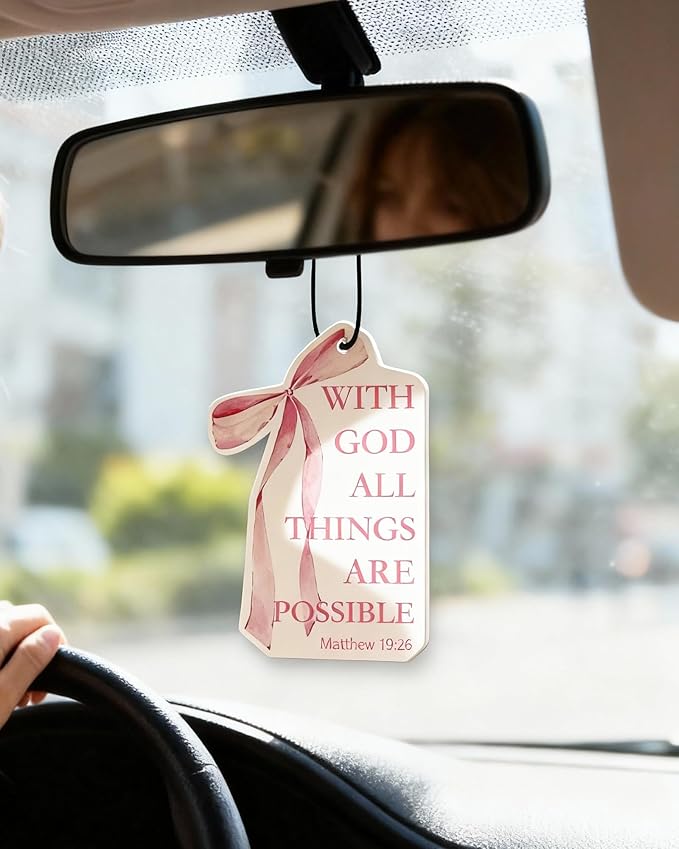 Inspirational 5pcs Car Air Freshener Cute Pink Bow Coquette Bible Verses Automotive Accessories Car Interior Hanging Scents Mirror Decor Christian Gifts for Women Girls