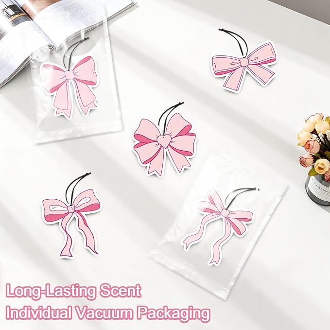 Pink Bow Car Air Fresheners,5-Pack Floral Scents Cute Car Accessories,Funny Hanging Ornament Decor for Rearview Mirror,Long-Lasting Fresh Gifts for Women,Girls,Coworkers,Teacher & Nurse