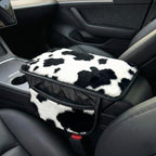 Plush Cow Print Car Center Console Cover with Side Pockets, Fluffy Armrest Cushion Pad,Soft Cow Car Interior Decorations Accessories with Storage for Women,Universal Fit for Vehicles SUV Truck